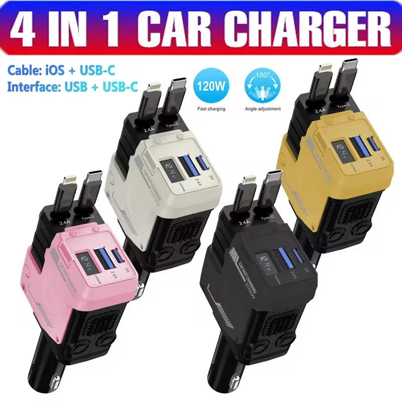 

120W Retractable Car Charger 4 in 1 Fast Charging Car Charger Adapter USB Type C Data Cable for iPhone Xiaomi Huawei Samsung