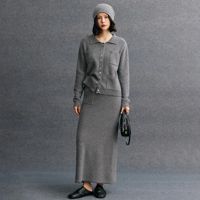 Women's matching set 100% pure cashmere single breasted lapel cardigan jacket casual knitted slim half skirt two-piece set