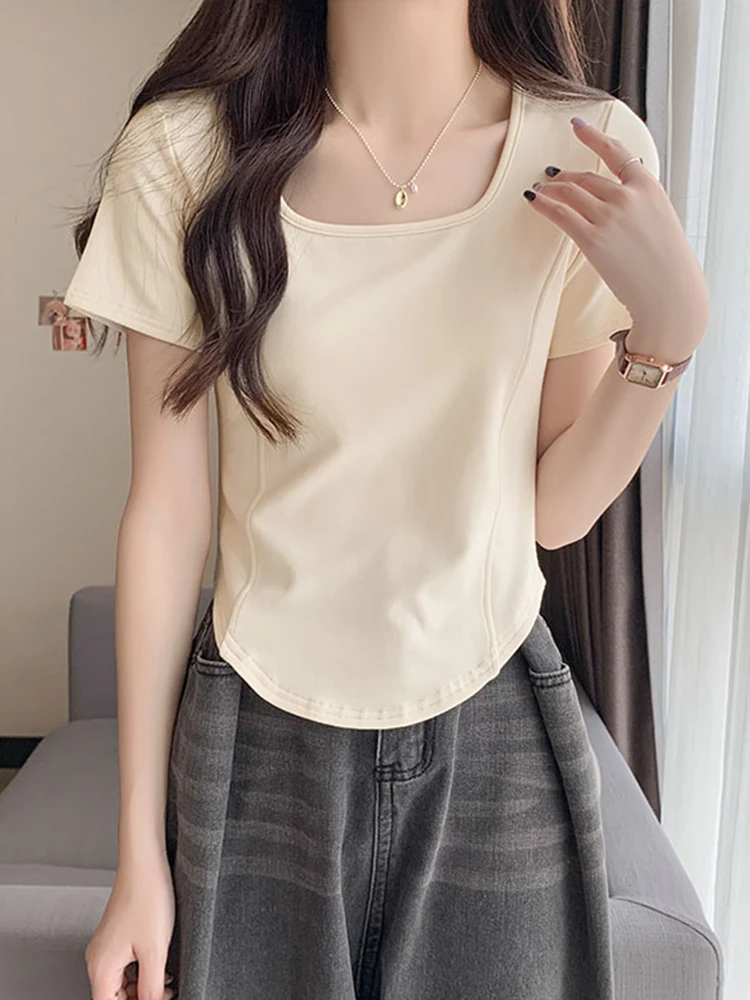 2024 Cotton Short Sleeve Women T-Shirts Top Square Collar Solid Slim Tees Shirts Female Summer Casual Streetwear Tops Tee