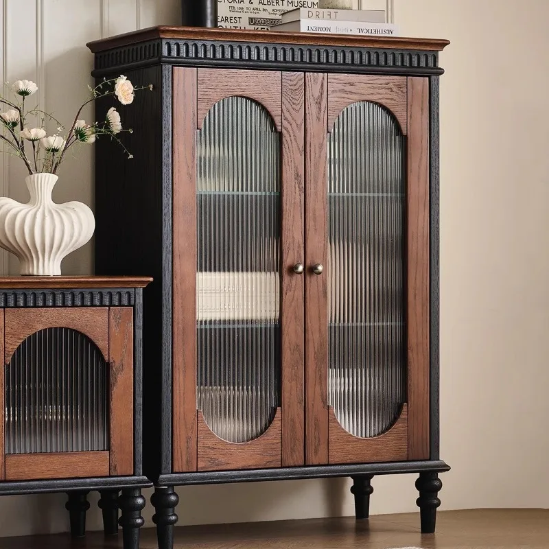 

French retro solid wood dining side cabinet, small apartment integrated against the wall, TV side vertical cabinet