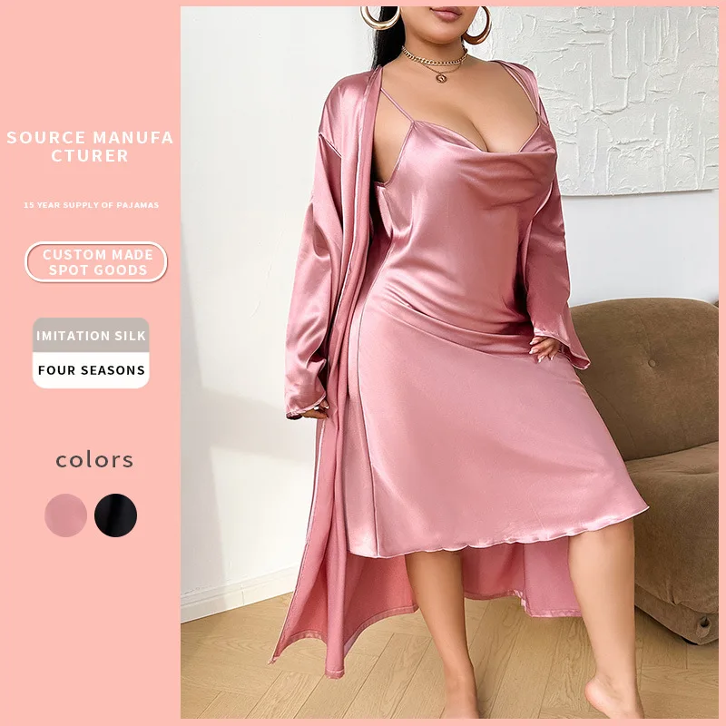 

Solid Color Four Season Home Wear Swing Collar Slip Dress Women's Long Skirt Nightgown Set Sexy Simple Plus Size Robe Sleepwear