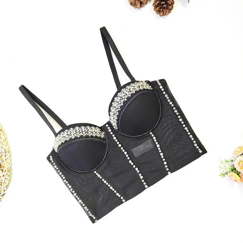 2024 New Women Mesh Camisole Top Beaded Bright Diamonds Fashion Backless Crop Top Bustier Bra Night Club Party Tank Tops p920