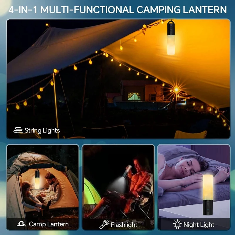 Camping Lantern With String Light(33Ft), Rechargeable 4000Mah Charger Bank, IP44 Waterproof Camping String Lights, Easy To Use