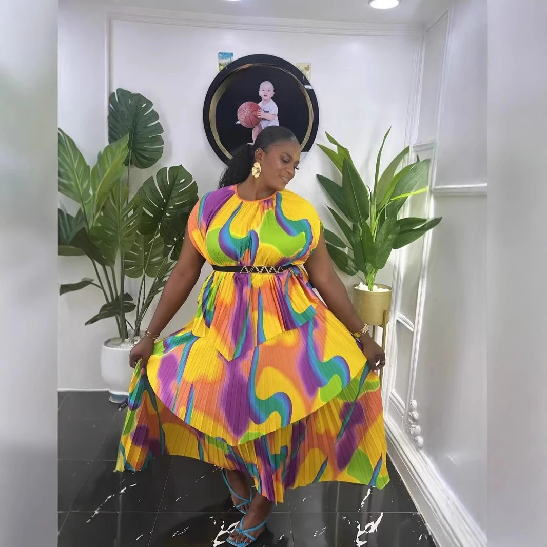 Miyake Style Fashion Stand-up Collar Environmentally Friendly Printing Niche Cross-border Pleated Top + Lower Skirt Set New