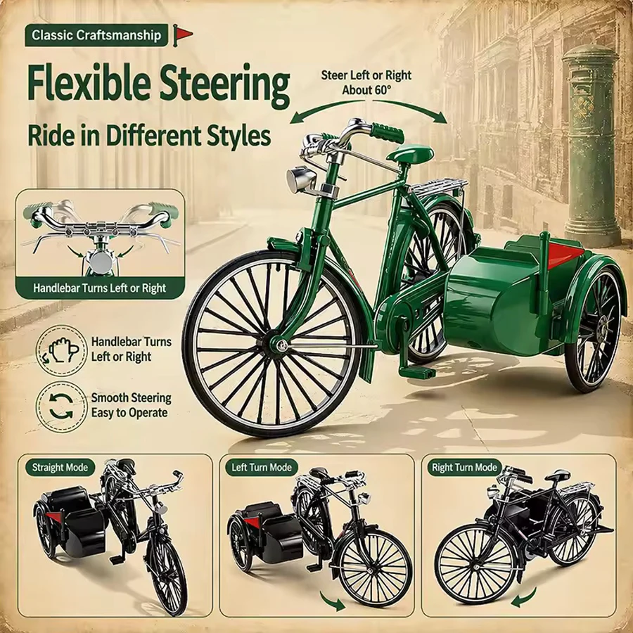 Vintage Tricycle DIY Assembly Model Kit, Retro 3-Wheel Bicycle Simulation Toy, Hand Assemble Collectible Ornament Hobby Lover