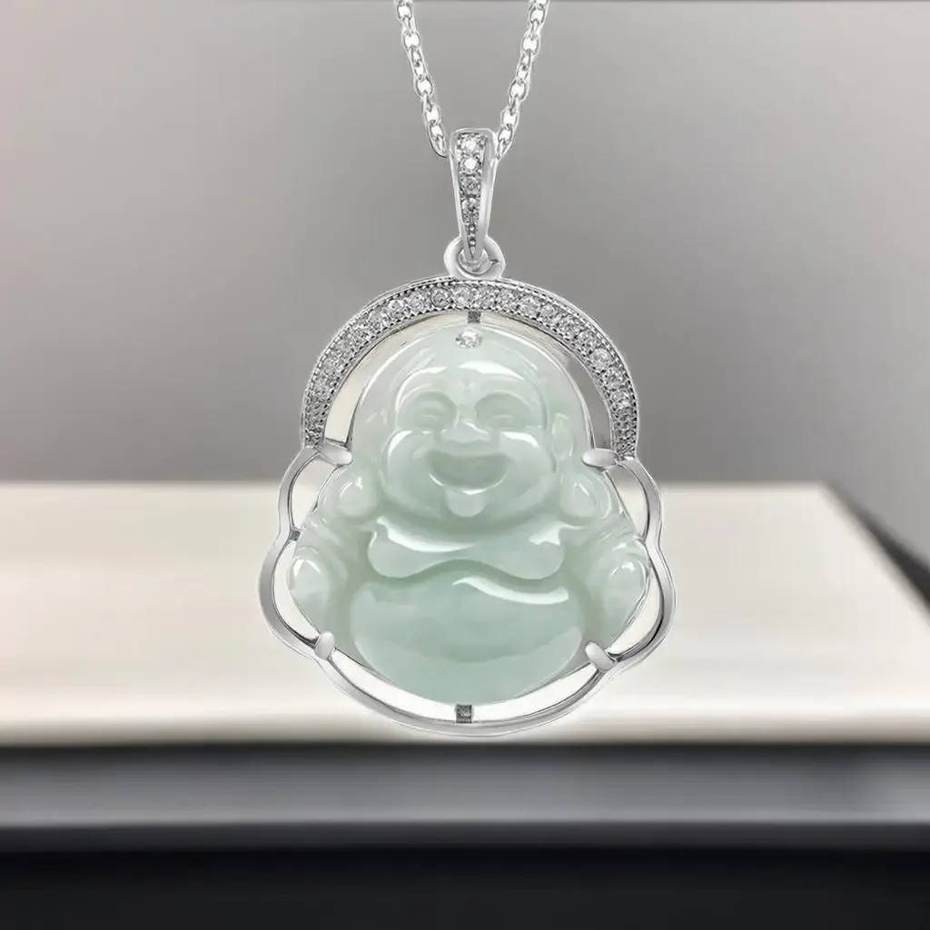 Burmese Jadeite Maitreya Pendant Charm White Jade Stone Carved Amulets 925 Silver Vintage Necklace Natural Accessories Fashion