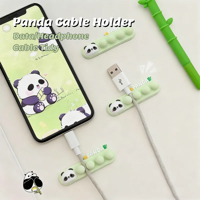 Organizer na kable w kształcie pandy z kreskówki: Samoprzylepny organizer na kable do ładowania telefonu.