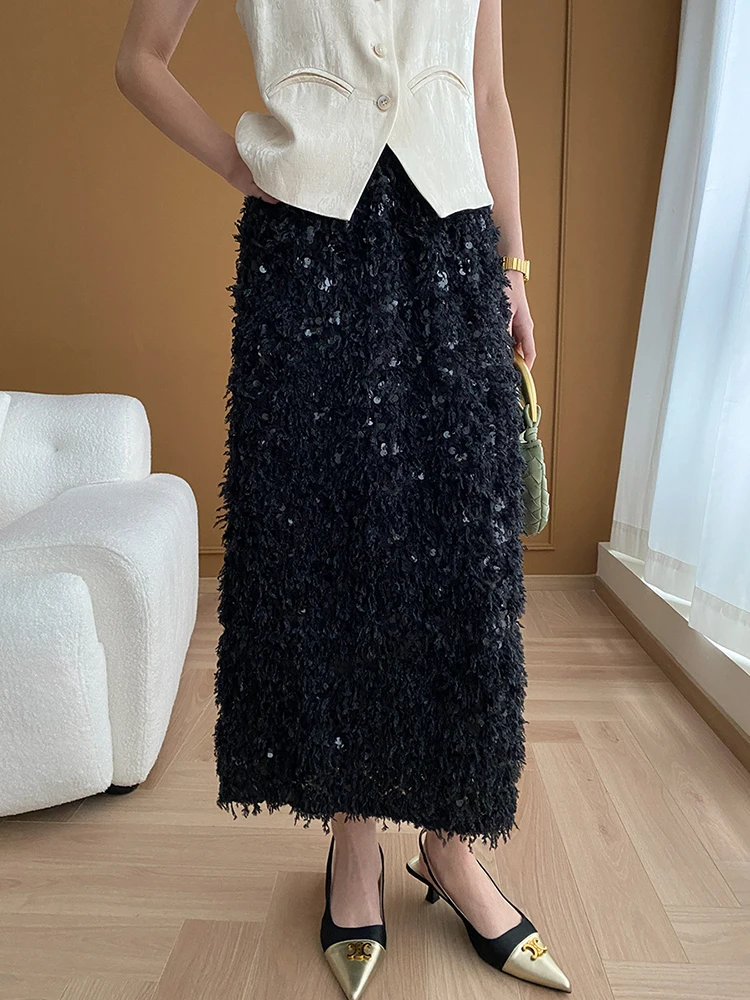 Elegant Splicing Women Midi Skirts Y2K Korean Chic High Waist Rear Slit Sequin A-Line Skirt Spring New Fashion Femme Party Skirt