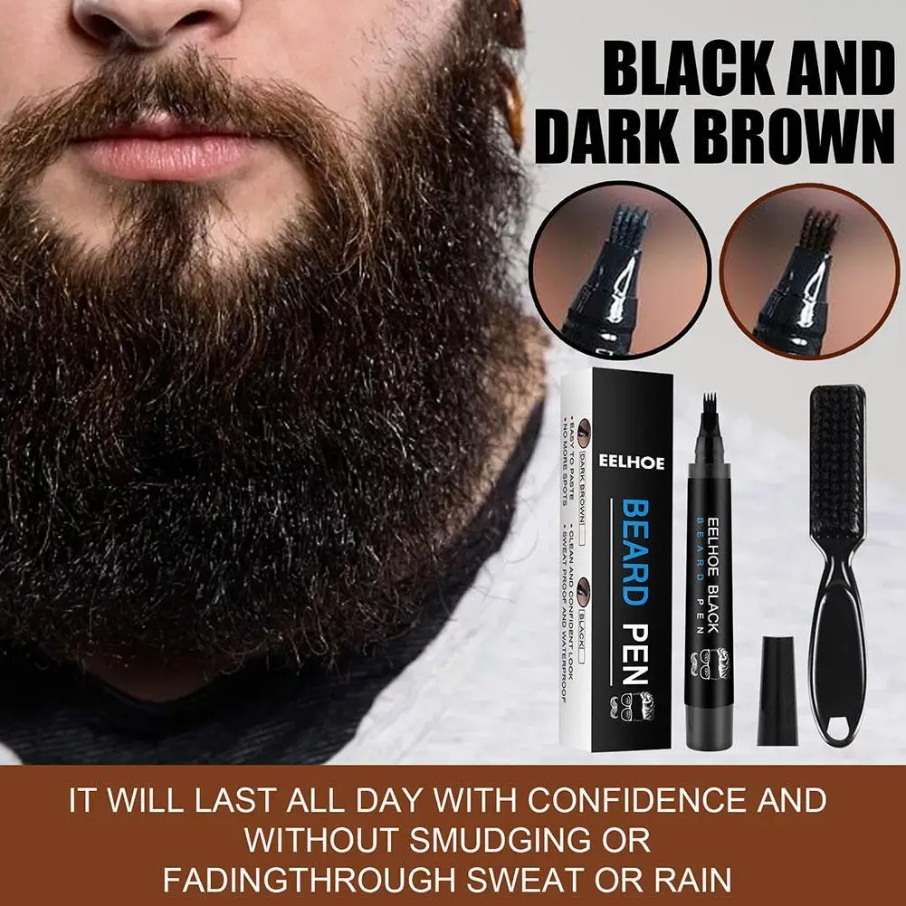 Impermeável barba enchimento caneta kit, barba enchimento lápis com escova de barba quatro pinos reparação bigode, modelando coloração