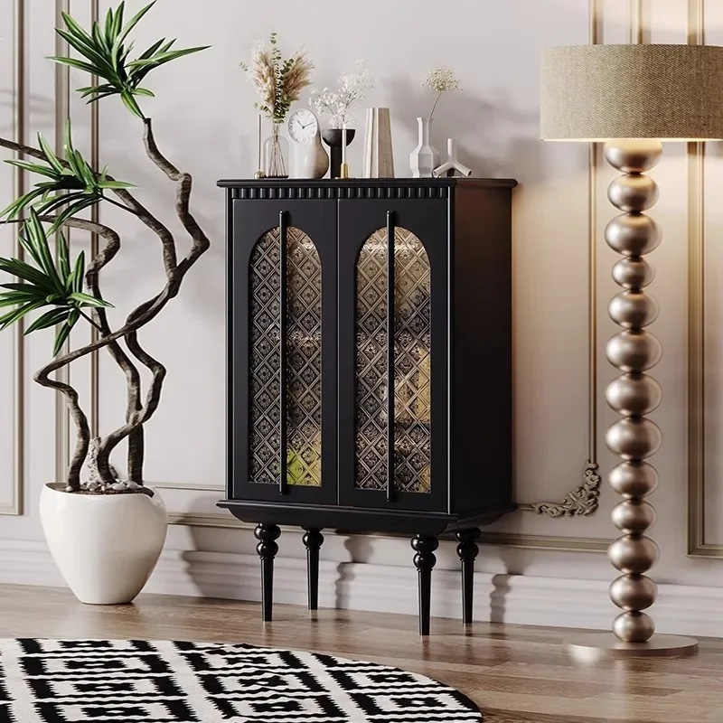 French light luxury dining side cabinet American solid wood cabinet living room sensor light glass door