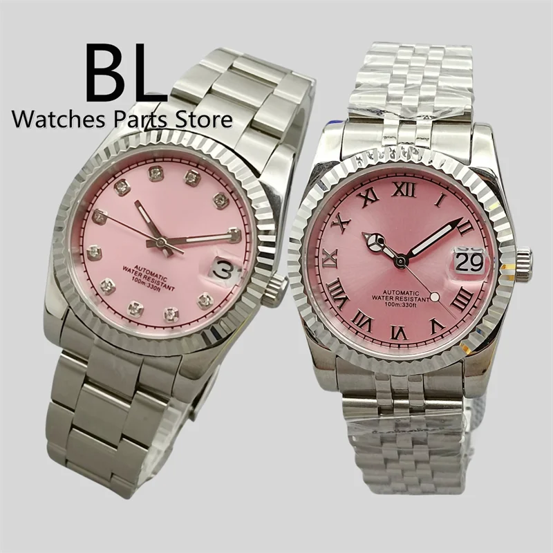 BLIGER 36mm39mmPink Dial Luxury NH35A Automatic Watch 904 Stainless Steel Fluted Bezel Sapphire Crystal Diamond Roman Time Marks