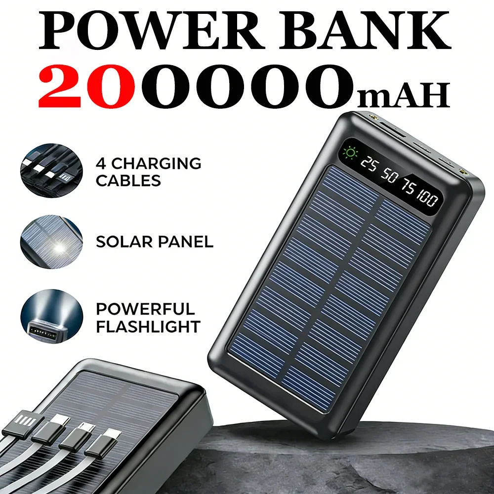Banco de energía solar de 200000mAh con carga súper rápida 4 en 1, USB tipo C, 4 cables, luz LED, ultra capacidad para exteriores, para iPhone y Samsung