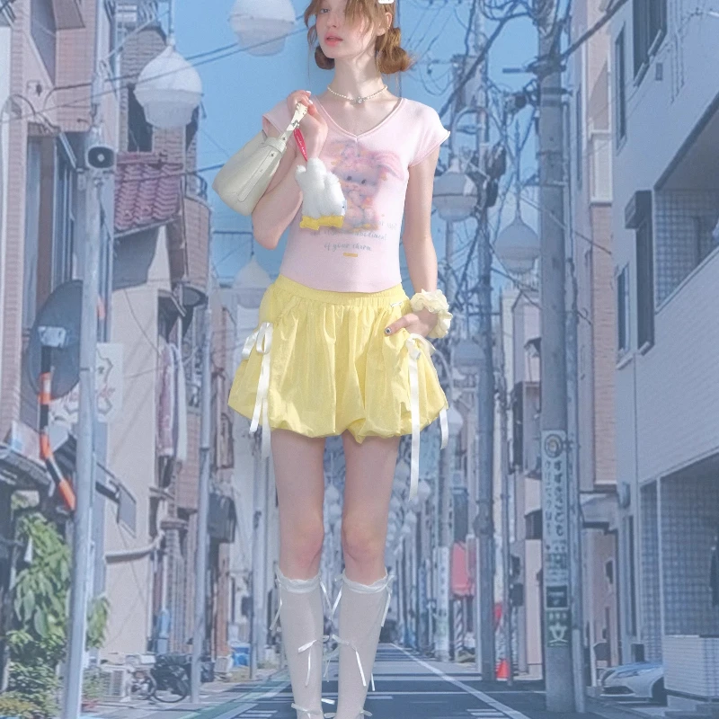 Summer American Retro Women's Clothing Original Design Bow High Waist Thin Yellow A-line Bud Skirt Half-length Short Skirts Girl