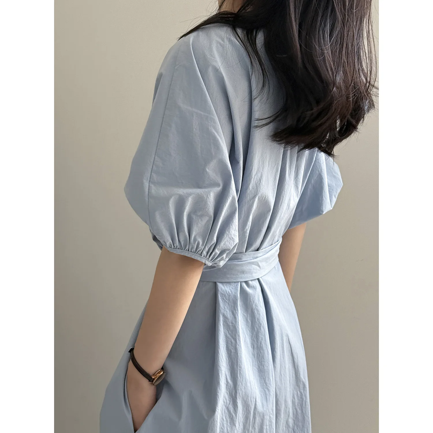 2025 Summer Women's Casual Bubble Sleeve Dress  Cotton Tie-Waist A-Line Long Dress, Loose Boho Style, Short Sleeve 82399