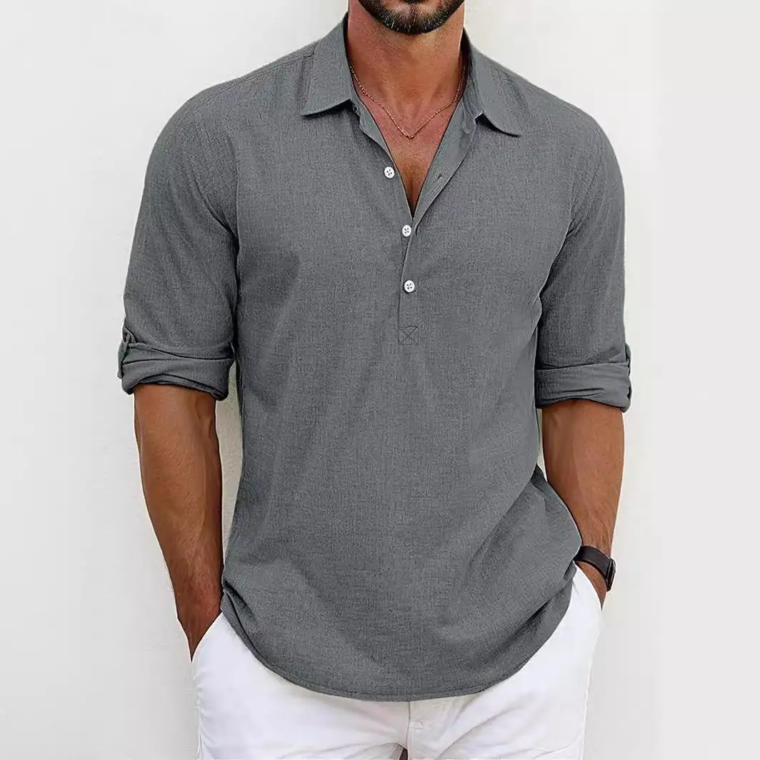 

Summer Cotton Half Sleeve Mens Shirt Youth Collar Long Sleeve Casual Fashionable Inner Wear Pure Color Deformable Standard Th...
