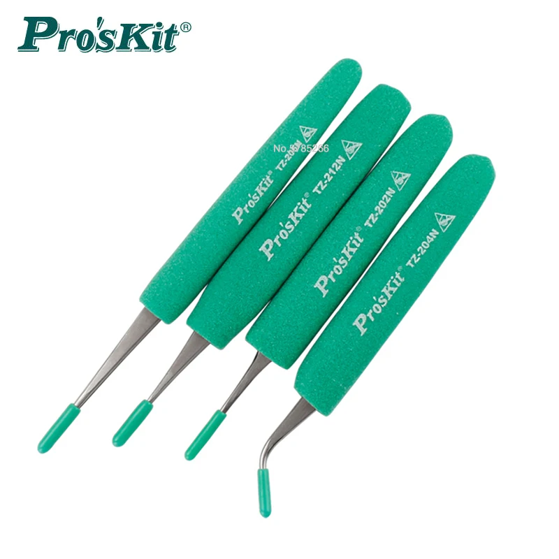 Pack of 4 Pcs Pro'sKit  Precision Tweezers Anti-Static ESD Forceps Non-Slip Anti-magnetic Soft Handle Electronics Repair Tool