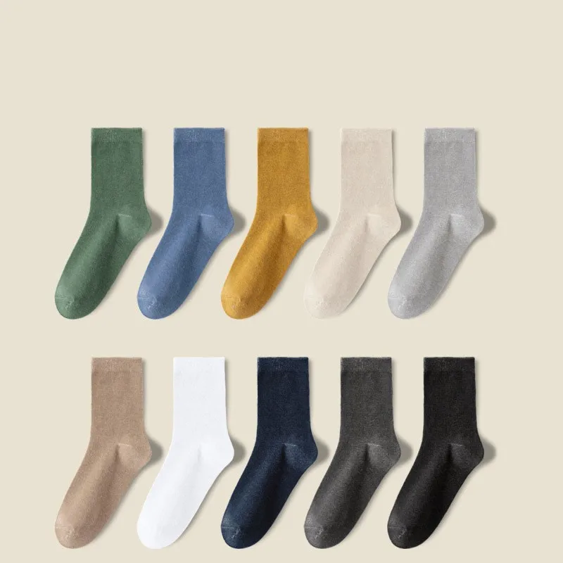 5 Pairs 168 Needle Spring Winter Men Solid Color Comfortable Cotton Retro Long Sock Mid-tube Men's Fashion Socks Simple Style