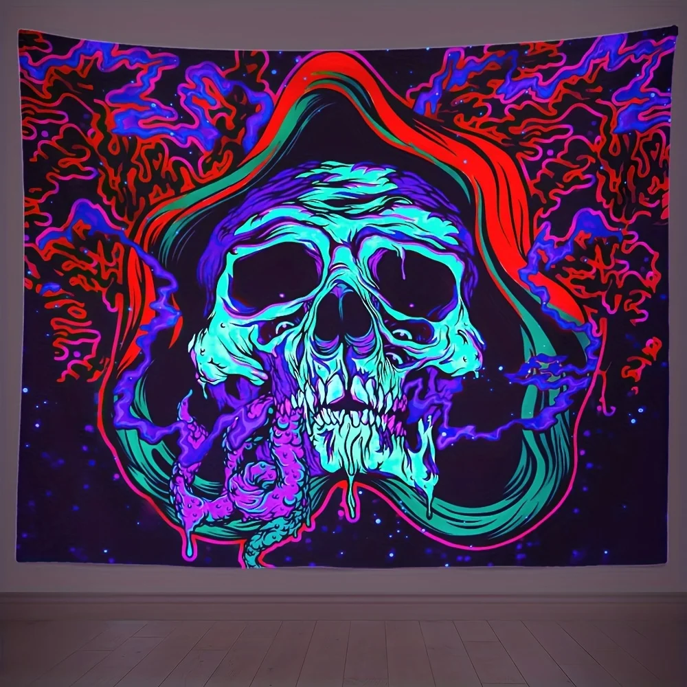 VIKAMA Totenkopf-Wandteppich mit Kapuze, leuchtender Sternenhimmel, Hintergrund, Musik, Party, Zimmer, Gaming, Raumdekoration mit dunklem Thema