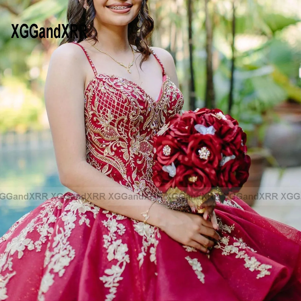 Wine Red Quinceanera Dresses 2023 Burgundy Sweetheart Golden Lace Appliques Ball Gown Layers Straps Sweet 16 Vestidos De 15 Anos