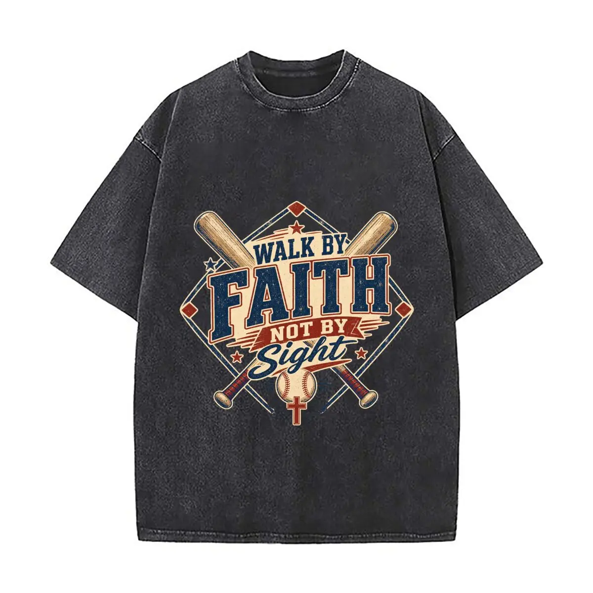 Camiseta Holgada con Estampado de Inspiración Béisbolera Faith Driven, Estilo Americano Casual, Cuello Redondo