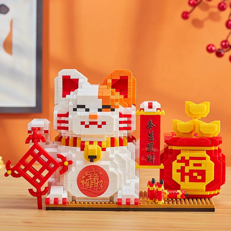 

Maneki Neko Micro Building Blocks Lucky Cat Pen Container Welcoming Money Fortune Cat Mini Brick Figure Toy For New Year Gift