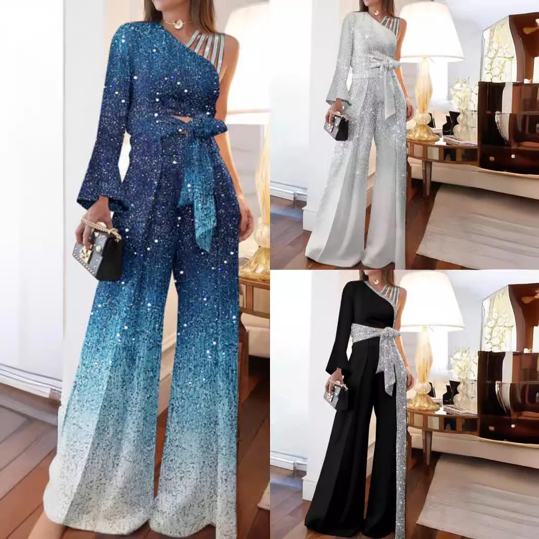 Printed Off Shoulder Set with Loose Fit Full Length Long Sleeve Bell Sleeve British Style Elegant Commuting Mid Waist Women Sets