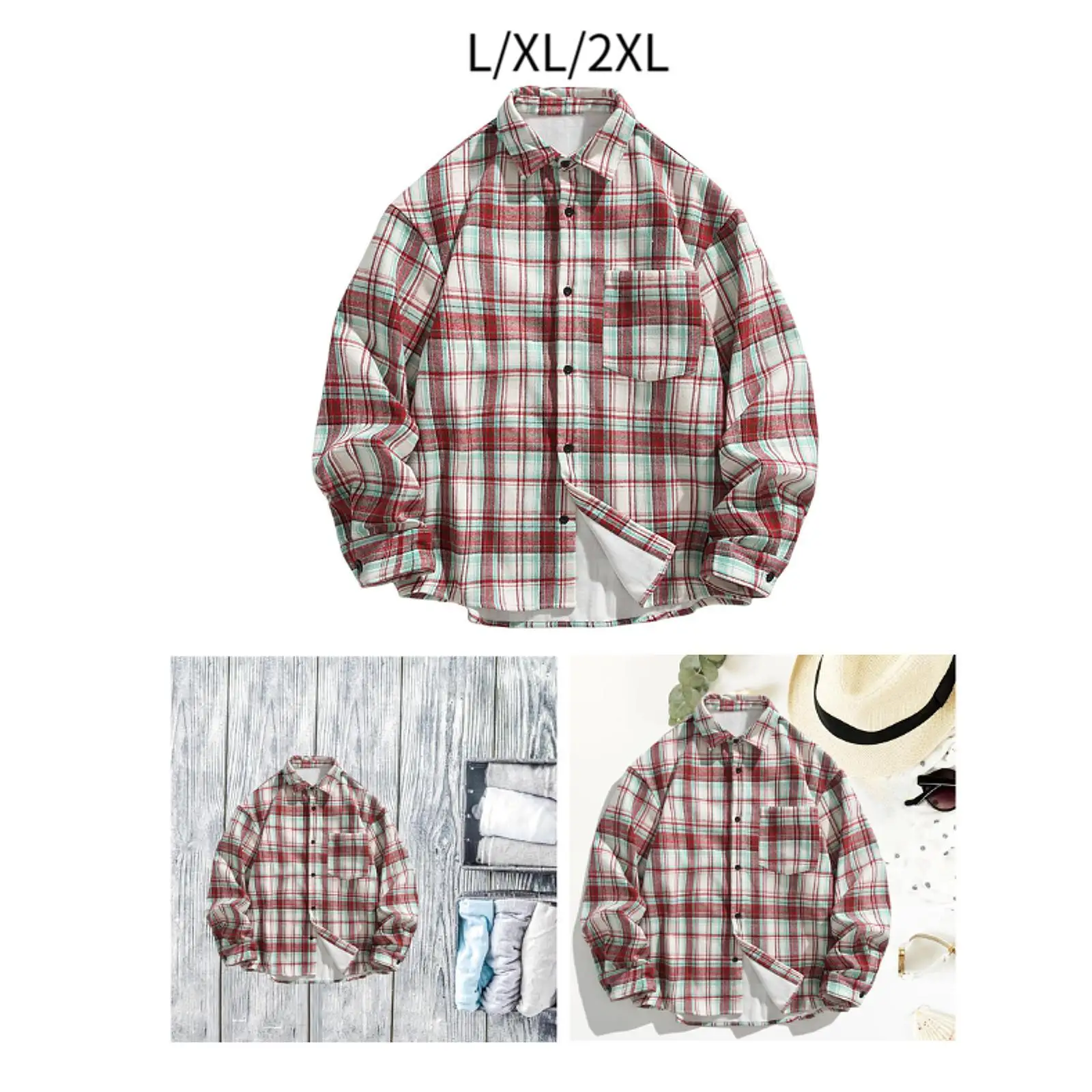 Kemeja Flanel Pria dengan Lapisan Bulu Pendek, Modis Kasual, Berkantong, Model Lounge Coat, Kerah Lapel, Kancing Depan, untuk Kerja Luar Ruangan