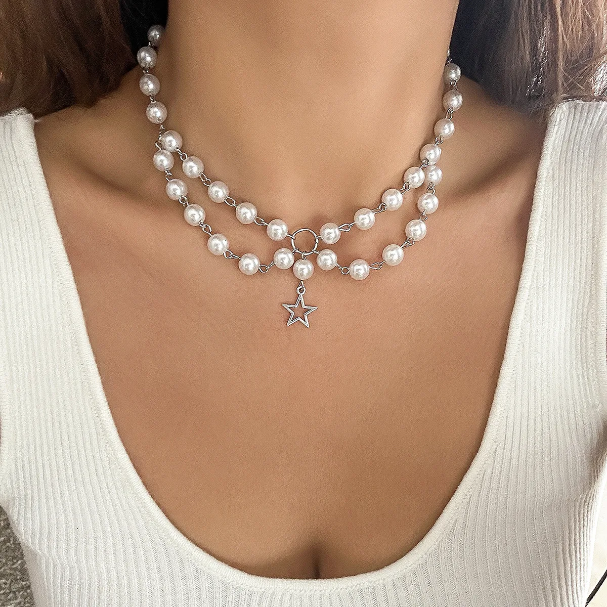 

Retro Star Pendant Collarbone Necklace 2024 Women's Simple Sweet Imitation Pearl Hand Woven Fashion Birthday Jewelry Girls