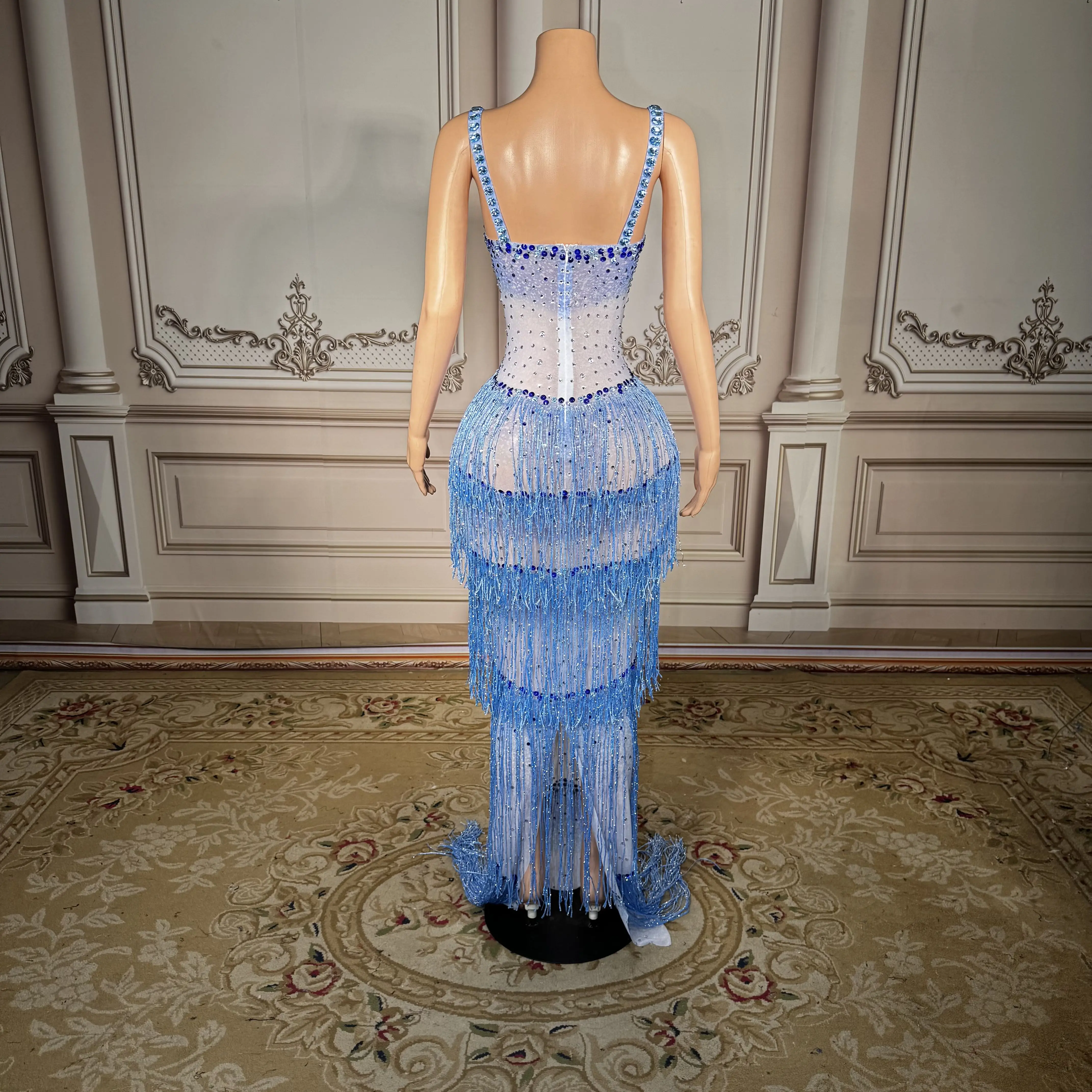 ZD Luxuriöses blaues Strass-Abendkleid mit Fransen für Damen – elegantes Quasten-Kristallkleid, sexy Party-Performance, langes Kleid 2025