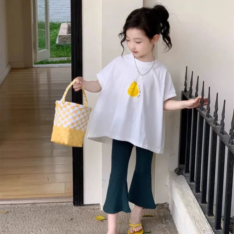 

Girls' Summer Fruit Pattern Round Neck DressTShirt+Slightly flared bell-bottom pants two-piece suit