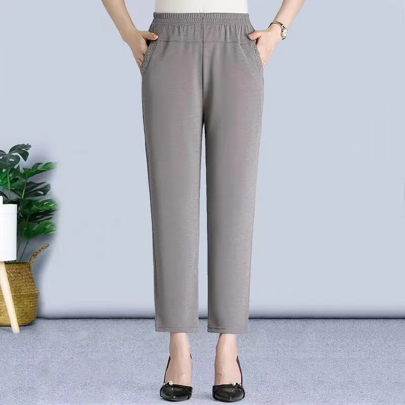 سراويل غير رسمية مرنة عالية الخصر رفيعة للربيع والصيف للنساء في منتصف العمر وكبار السن سراويل مريحة فضفاضة مستقيمة الساق
