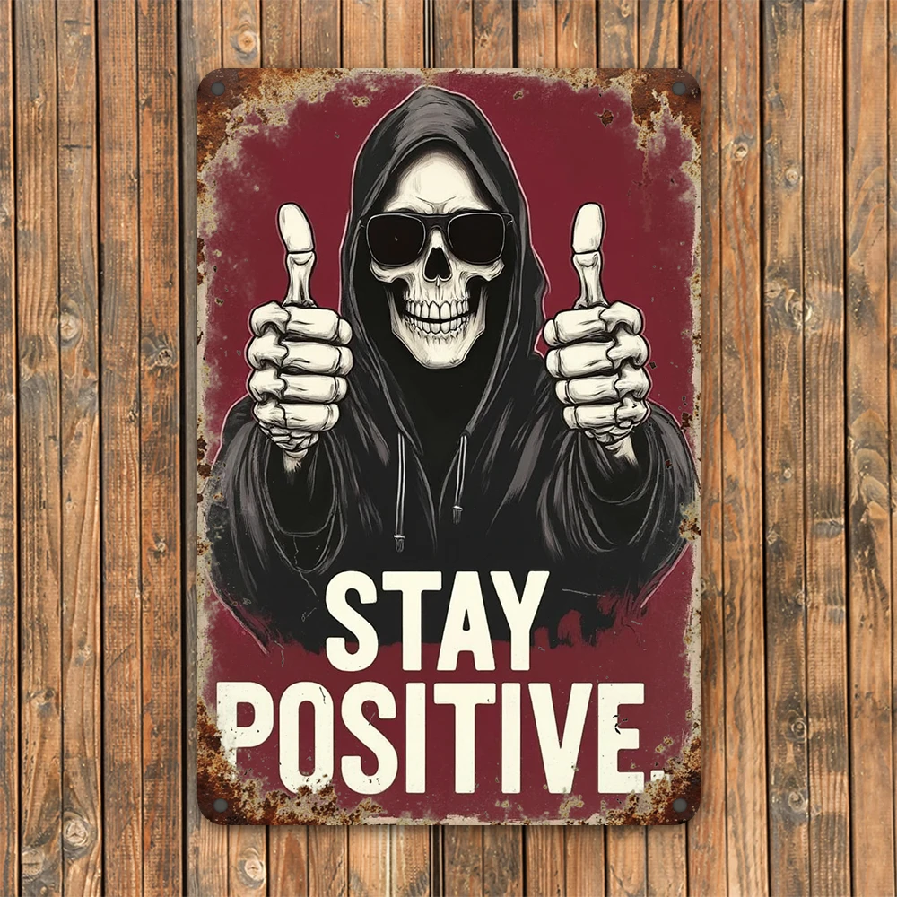 Płaski, metalowy znak ścienny w stylu vintage z czaszką \"Stay Positive\", łatwy do powieszenia na Halloween, do użytku na zewnątrz, w stylu farmhouse, do baru, idealny prezent, dekoracja.