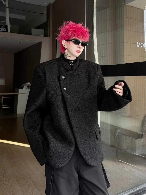 

TANGZ Studio Men's Loose Woolen Coat Stand Collar Warm round Hem Polyester Fiber Winter Casual Faion Single Button Closure