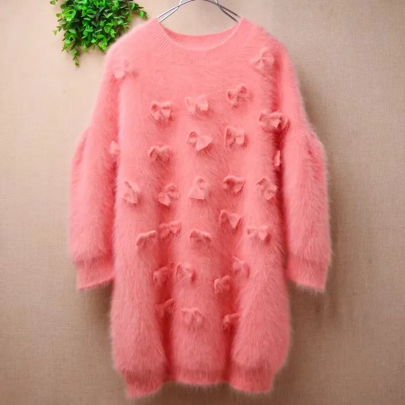 

Ladies Women Fall Winter Clothing Hairy Plush Mink Cashmere Knitted V-Neck Long Sleeves Loose Pullover Sweater Jumper Pull Tops