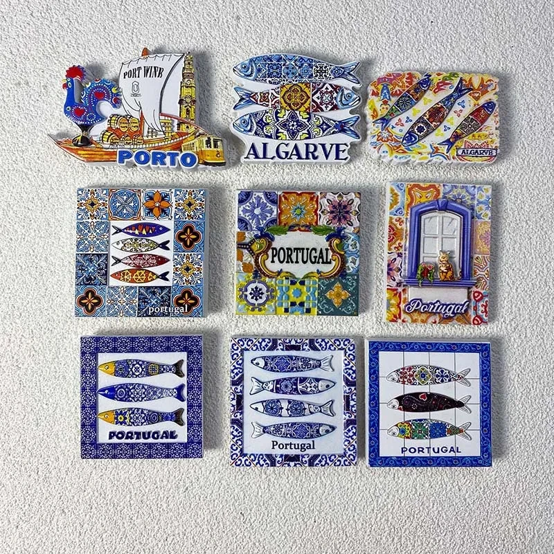 

Portugal City Fridge Magnets Set: Porto Wine Boat, Algarve Fish, Traditional Tile Patterns & Historic Window - Strong Magnets