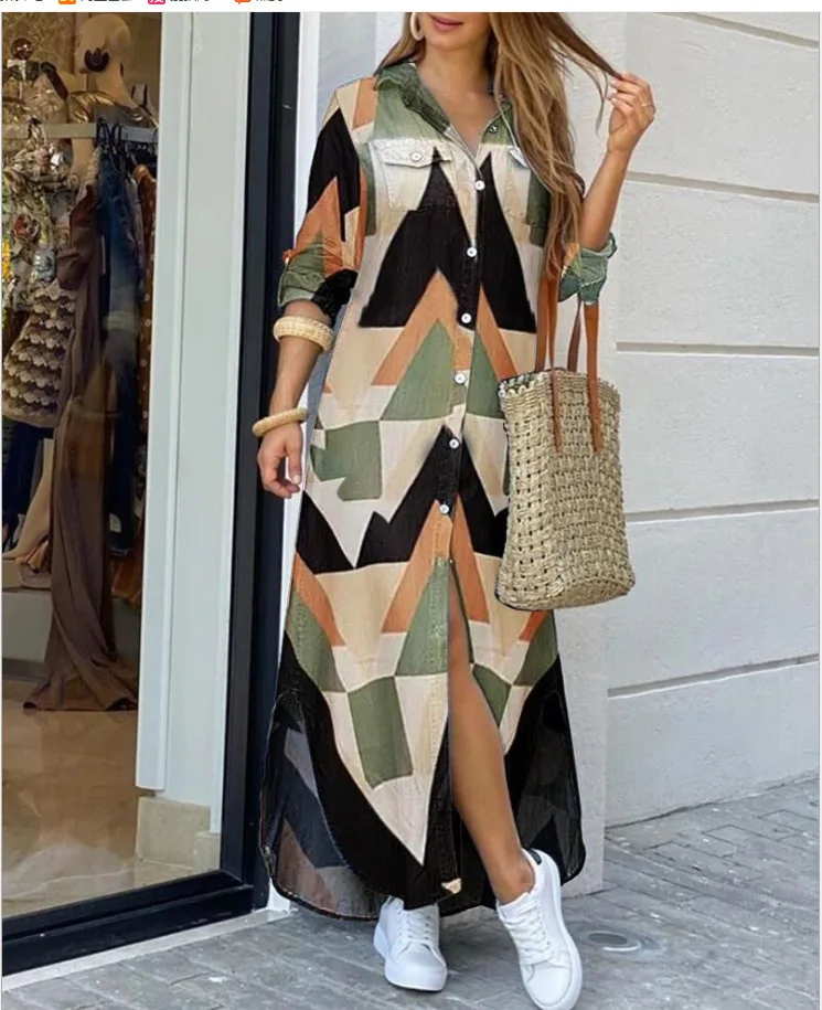 봄 가을 우아한 여성 여름 긴 소매 드레스 섹시한 폴로 넥 Sundress 레트로 스타일 캐주얼 프린트 셔츠 드레스 Vestidos