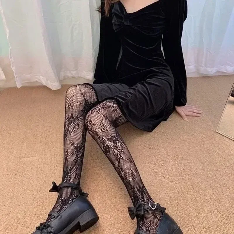 Women Sexy Black White Lolita Hollowed Lace Mesh Stockings Bottomed Pantyhose Japanese Goth Floral Rattan Hot Classic Tights