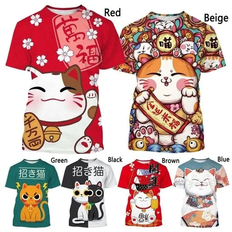 Lucky Cat Funny T Shirt For Men Streetwear T-shirt Harajuku Fashion Fortune Cat 3D Printed Tops Men's Casual Short Sleeve Tshirt