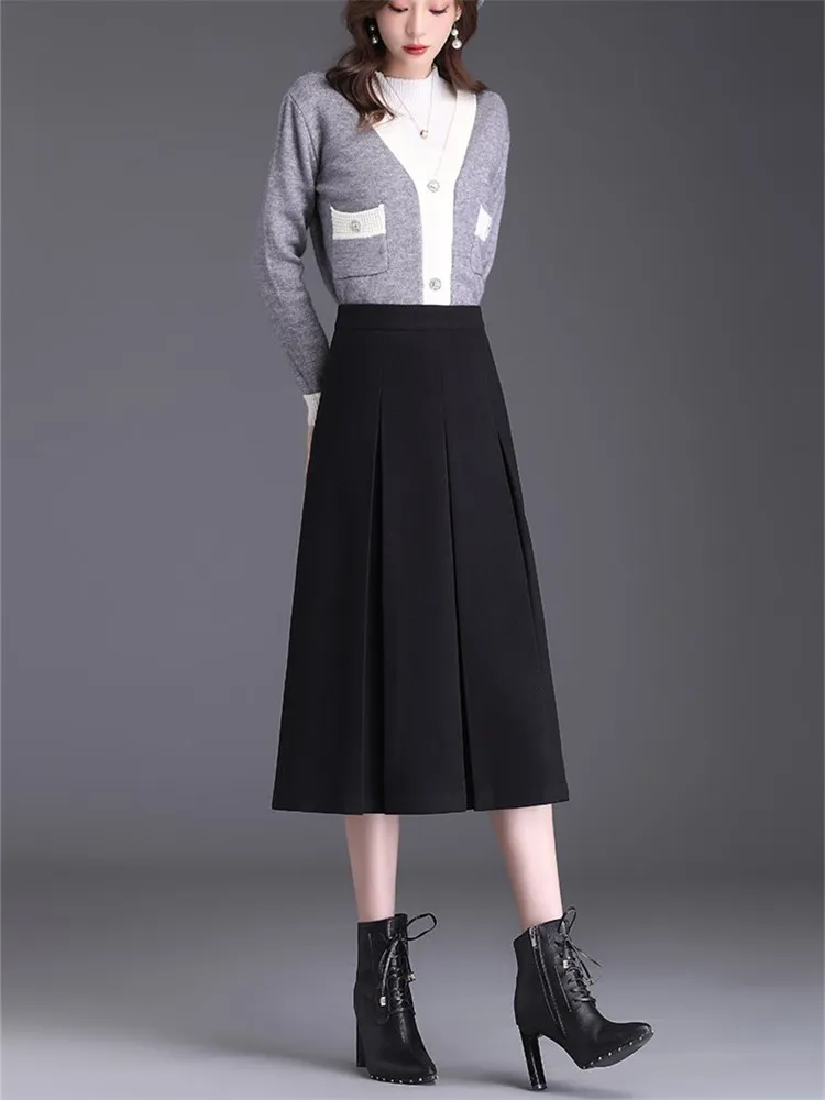 여성용 우아한 블랙 모직 플리츠 스커트, 두꺼운 지퍼, 하이 웨이스트 슬림, 캐주얼 오피스 레이디 정장, 롱 스커트 6782, 가을 겨울