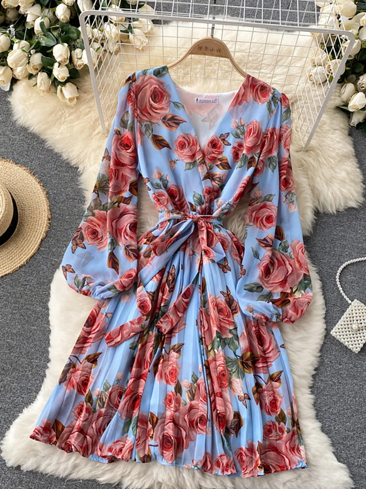 Autumn Women Floral Draped Mini Dress Bohemian Female V-Neck Puff Long Sleeve High Waist Bandage Pleated Vestido Female Robe New