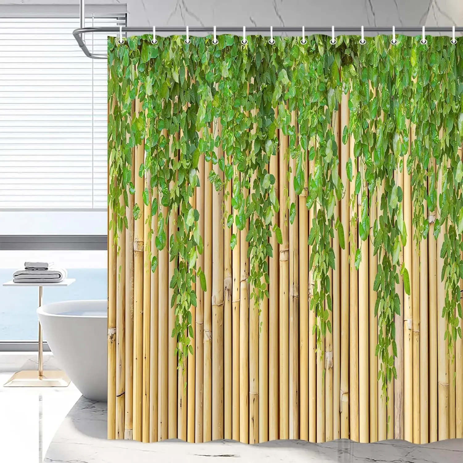 

Bamboo Shower Curtain Green Leaves Vines Summer Simple Chinese Style Zen Meditation Nature Plants Bathroom Decoration Polyester