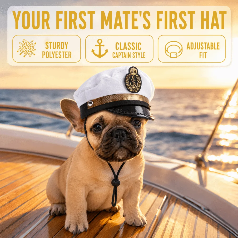 Attractive White Captain Hat Adjustable Chin Strap Polyester Dog Hat Gold Tone Band Creative Style Cat Hat Holiday Events