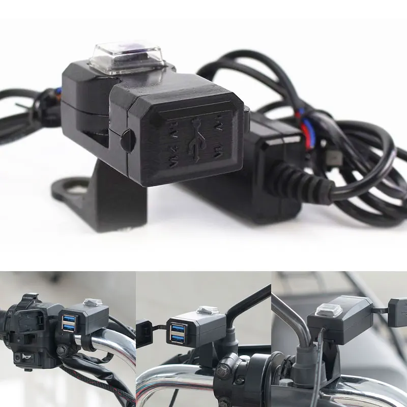 

USB-зарядное устройство для мотоцикла с двумя USB-разъемами и выключателем, для установки на руль или зеркало заднего вида, адаптер для зарядки мобильных телефонов