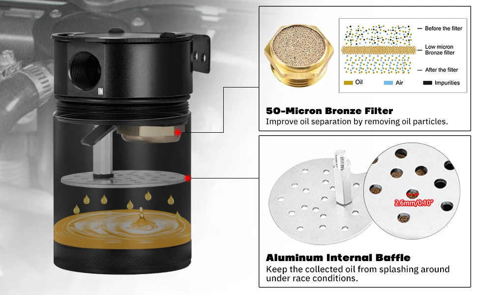 Universeller 200ml Ölauffangbehälter, kompakter, geschäumter 2-Port-Aluminium-Reservoir-Ölauffangtank, Kraftstofftank, atmungsaktiver Zwei-Loch-Behälter – Detail 1