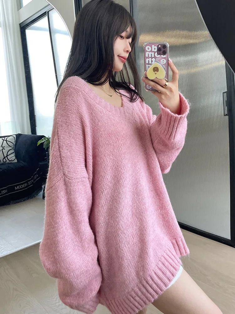 DEAT Fashion Women\'s Knitted Pullover V-neck Loose Fit Multicolor Long Sleeve Simple Soft Sweater Autumn 2024 New Tide 7AB4843