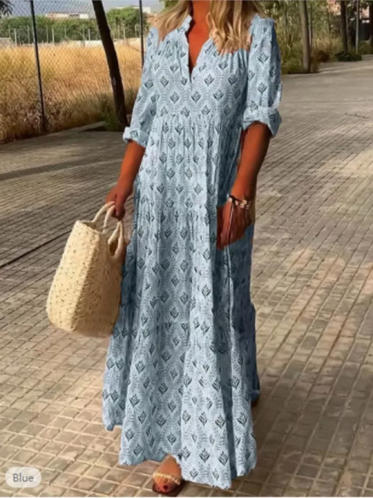 Vestido largo bohemio de verano para mujer, vestidos largos sexys con cuello en V y estampado de manga larga, vestidos largos elegantes Vintage para mujer 2024