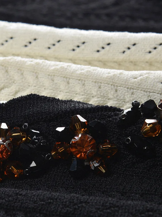 معطف Sweet Slimming Beaded Flower Hem Knitwear Jaet Color Blo Commute Sle طويل Sve مستدير للنساء