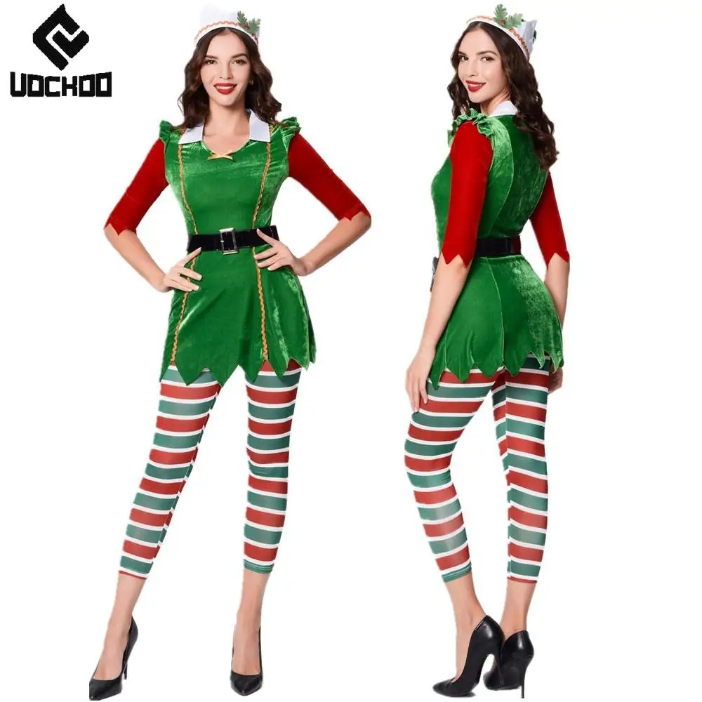 

Christmas Elf Dress Suit Green Xmas Girl Cosplay Costume Festival Leggings Carnival Four-Piece Set Happy New Year Dress Up