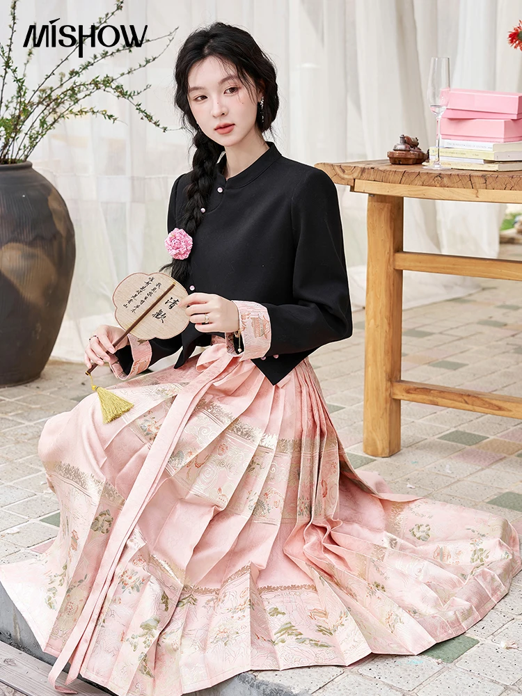 MISHOW Chinese Shirt Retro Horse Face Skirt Separately Spring 2024 High-end Balck Top Elegant Pleated A-line Skirt MXD13W0350