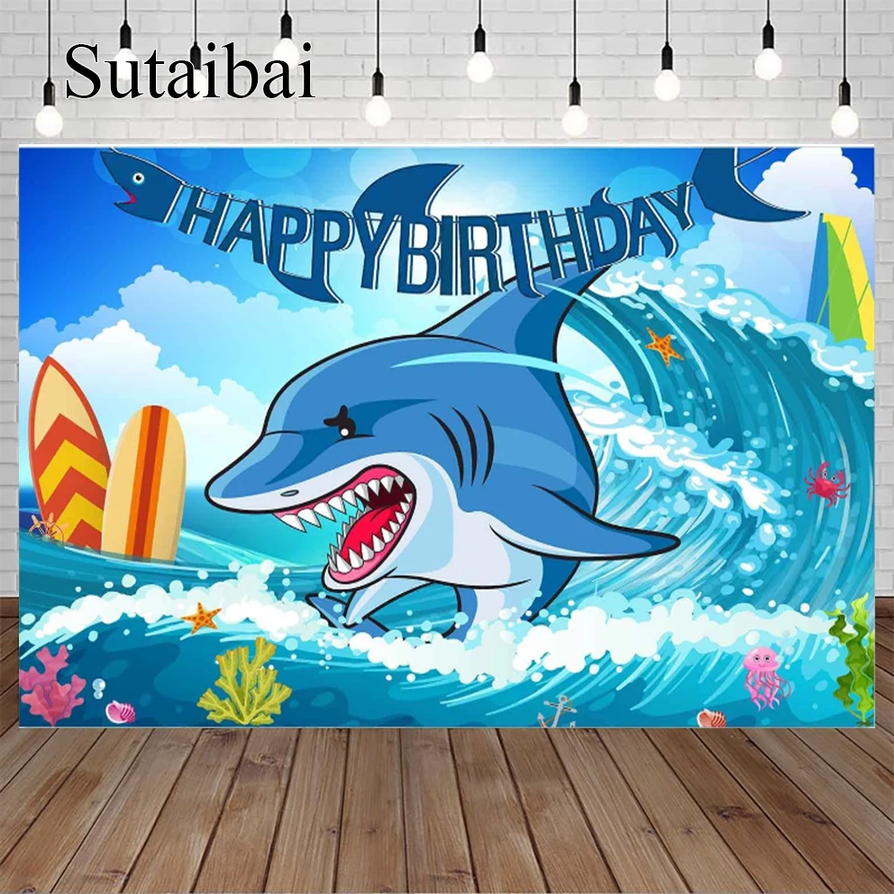 

Shark Backdrop Cartoon Deep Sea Animals Children Birthday Party Summer Waves Surfboard Ocean Photography Background Baby Shower